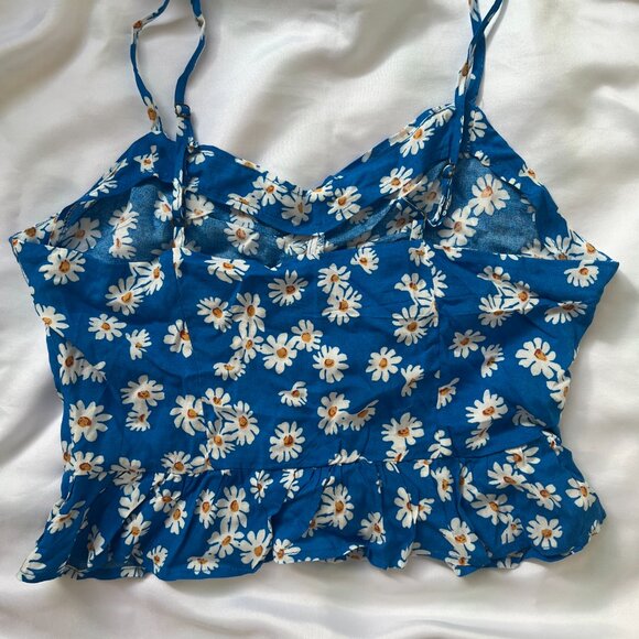 Blue Daisy Floral Print Ruched Ruffle Hem Cami Top - Picture 3 of 4